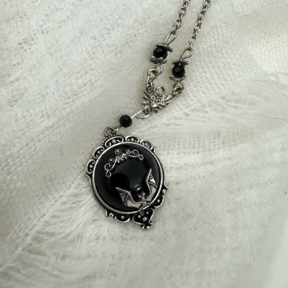 Goth Spooky Bat Cameo style silver tone necklace